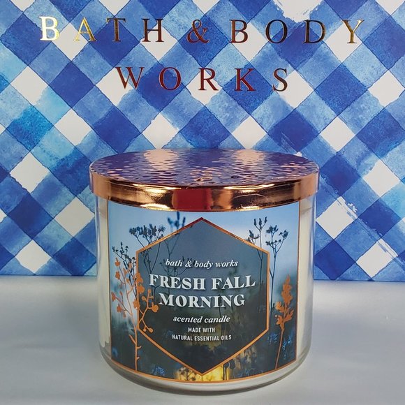 BATH & BODY WORKS HOME 'FRESH FALL MORNING' 3~WICK CANDLE HAMMERED COPPER TOP - Picture 2 of 13